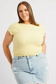 Yellow Top Textured Short Sleeve Crew Neck
