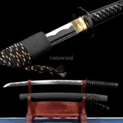 Japanese Wakizashi Carbon Steel Leather Wrap Sheath Black Sword Sharp Full Tang.