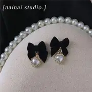 Flocking Bow Heart Faux Pearl Alloy Drop Earring #7276 - 1 Pair - Classic Earrings - Black & Gold & White - One Size
