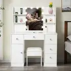 Dressing Table With Stool and Mirror, White Makeup Vanity Desk Set 10 LED Lights