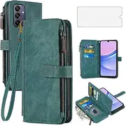[Asuwish] Phone Case for Samsung Galaxy A15 5G/4G Wallet Cover with Tempered Glass Screen Protector and Leather Flip Credit Card Holder Stand Lanyard Rugged Cell Accessories A 15 G5 15A Women Men Blue