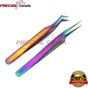2Pc Eyelash Extension Tweezers Pro Straight & Semi Angled Multi Color High Steel