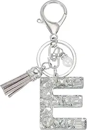 [uxcell] Initial Letter Keychain with Tassel and Pearl, Bling Alphabet Letter E Keyring Rhinestone Keychains with Key Ring for Key Purse Bags Handbags Car Key Cup, Silver