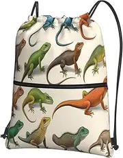 Drawstring Backpack String Zipper Different Types Of Lizard Bag For Yoga Gym Swimming Travel Fitness Sports Sackpack, Black, One Size, Daypack Backpacks