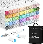 Shuttle Art Pastel Alcohol Markers Brush tip, Dual Tip Brush & Chisel Tip Art Marker Set, 50 Colors plus 1 Blender Marker Pens with Case Perfect for Illustration Students Adults Coloring Sketching