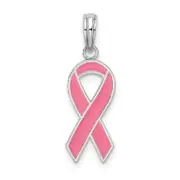 Sterling Silver De-Ani Rhodium-Plated Polished Enameled Pink Ribbon Pendant