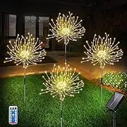 Solar Garden Lights, 4Pack 120LED Solar Christmas Lights, Waterproof Fireworks Solar Fairy Lights with Timer, 8 Modes Decorative Landscape Solar Lights Outdoor for Garden Pathway Lawn (Warm)