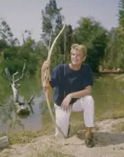 singer Troy Donahue holding a bow arrow 1960 Historic Old Photo