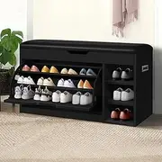 ALFORDSON Shoe Cabinet Bench Shoes Storage Rack Adjustable Cabinets Organiser Drawer Shelf with Flip-up Top & Door, Upgraded Model, Wooden Home Furniture for Living Room, Entryway, Hallway (Black)