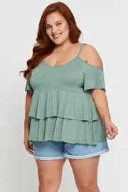 Green Pistachio Tiered Top Cold Shoulder Scoop Neck Jersey Peplum