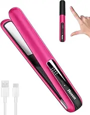 Hoson Cordless Hair Straightener,Portable Mini Flat Iron Travel for Bangs,Short Hair, Rechargeable Curling Iron and Curler 2 in 1,Hot Pink,for Touch Ups