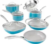 Aqua Blue 12-Piece Nonstick Ceramic Cookware Set, Frying Pans, Pots, Saucepans