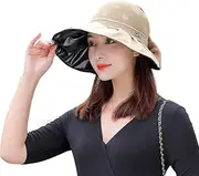 [Ling88] Women Foldable Sun Hat Quick Dry Black Glue Coated Sun Hat Female Sunscreen Summer Anti-Ultraviolet Breathable Big-Brimmed Fisherman Hat Women's Sun Hat Hollow Pot Cap,Khaki