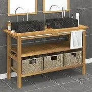 Solid Teak Wood Bathroom Vanity Cabinet, 3 Baskets, 2 Black Marble Sinks, Handrail Included, 30 Inch Depth