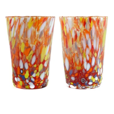 Pair of 2 Two Murano Glass Drinking Tumbler Red Multi Handmade Millefiori