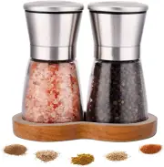 Salt and Pepper Grinder Set with Wooden Standing Tray, Refillable Pepper Mill Se