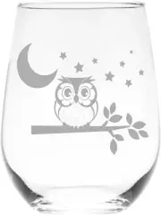 Owl with Moon and Stars Stemless Wine Glass - Cute Owl Themed Gift for Women and