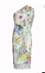 BADGLEY MISCHKA Green Multi Fringe Sequin Floral One Shoulder Dress