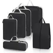 6Pc Compressed Luggage Packing Cube,Travel Storage Organizer Set with Shoe Pouch,Mesh Visual Luggage Bag For Portable Lightweight Suitcase Color Black