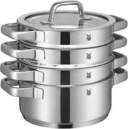 [WMF] Compact Cuisine 4pc Silver Cookware Set, 56L, Stainless Steel, 4.55kg, Includes 20cm Soup Pot, Braising Pan, Steamer Basket, Cooking Bowl, True Lid, Oven Safe