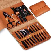 Manicure Set 16 in 1 Stainless Steel, Nail Clippers Cuticle Scissors Tweezers Pedicure Care Tools Kit - Portable Travel Grooming Kit for Men and Women with Brown Leather bag