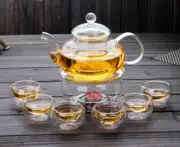 8 Pc Tea Set Glass Teapot With Infuser 400ml + Round Warmer + 6 Double Wall Cups