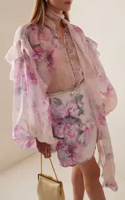 [Zimmermann] Crush Ruffled Floral Linen-Silk Top