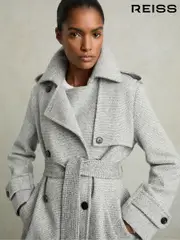 Reiss Black/White Alba Wool-Blend Double-Breasted Check Trench Coat (AC9357) | $775