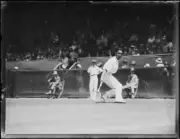 Japanese tennis player Takeichi Harada watching the ball after hit- Old Photo
