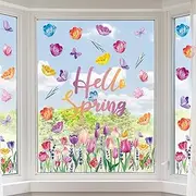 gisgfim Spring Window Clings Decoration Tulip Flower Window Stickers Spring Garden Butterfly Floral Window Decals for Spring Home Windows Glass Door Refrigerator Decor Party Supplies