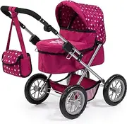 Bayer Design 13067AA Dolls Pram Trendy with Shoulder Bag and Underneath Shopping Basket, Bordeaux, Red with Pattern