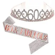 Women Glittering Rhinestone Letter Print Sash Tiara Set Birthday Party Supplies Rose Gold 60 Years Old