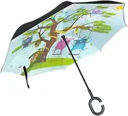 Double Layer Inverted Umbrella Cars Reverse Umbrella Cute Animals Tree Cartoon Windproof UV Proof Travel Outdoor Umbrella