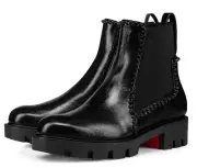Christian Louboutin Out Lina Spike Lug Flat Black Patent Chelsea Ankle Boot 37.5