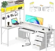 ODK 59Inch Reversible Computer Desk with Drawers,Corner Office Desk with LED Lights & Power Outlets, L Shaped Desk with Shelf & Extendable Keyboard Tray, Study PC Gaming, 149.5 * 100 * 149.5cm, White