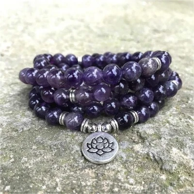 108 Mala Beads Amethyst Crystal Beaded Necklace Lotus Charm for Meditation