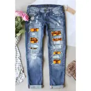 Distressed Pumpkin Pattern Jeans with Pockets