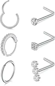 [LAURITAMI] 20G Gold Silver Nose Stud,Stainless Steel Hinged Nose Rings Hoop L Shaped Studs with CZ Piercing Jewellery Set for Women Men,Pack of 6 Pieces