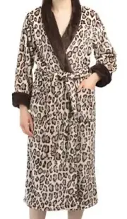 Nwt NATORI PLush Leopard Faux Fur Shawl Collar Coziest Long Wrap Robe POCKETS L