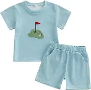 [MOLZULAMS] Toddler Baby Girl Boy Golf Outfit Waffle Short Sleeve Embroidery Sweatshirt Top Striped Plaid Shorts Summer Clothes