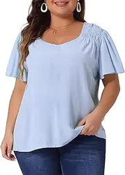 [Agnes Orinda] Plus Size Tops for Women V Neck Ruffle Sleeve Smocked Shoulder Chiffon Blouses Summer Tops