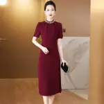 【VERY BUY 非常勸敗】夏季短袖酒紅色中長款喜婆婆嫁女兒婚宴禮服媽媽裝洋裝