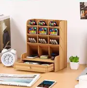 Wooden Desk Organizer with Drawer and Cell Phone Holder - Home Office Storage Rack