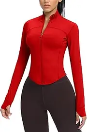 [AVGO] Women's Cropped Running Workout Jackets Zip Slim Fit Athletic Tops with Thumb Holes