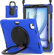 Tablet Case Cover Case Compatible with iPad Air 11inch (M3 2025 7th/M2 2024 6th),Heavy Duty TPU Shockproof Kids Case,360 Degree Rotating Multi-Function Grip Bracket+Shoulder Strap Rugged Cover(Blue)