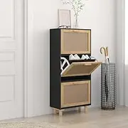 Shoe Cabinet Black 52x25x115 cm – Engineered Wood and Natural Rattan, Slim Entryway Shoe Storage Cabinet with Flip Drawers, Space-Saving Shoe Rack Organizer for Apartment Essentials