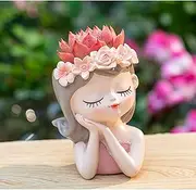 Cute Girl Face Flower Pot Face Flower Pot Plant Resin Cactus Head Flower Pot Succulent Flower Pot with Drainage Hole, Mini Succulent Plant Flower Pot, Girl Flower Pot Listening