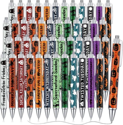 96 Pcs Glitter Halloween Pens Bulk Retractable Ballpoint Pens Colorful Black Ink