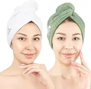 American Soft Linen 100% Cotton Hair Towels for Women, Head Towel Cap, Cotton Hair Turban Towel Wrap for Long Curly Anti Frizz Hair, Soft and Absorbent Cotton Hair Towels 2 Pack, White - Sage