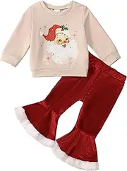 [ADXSUN] Toddler Girl Christmas Outfit Santa/Christmas Tree Sweatshirt+Velvet Bell-Bottoms Clothes
